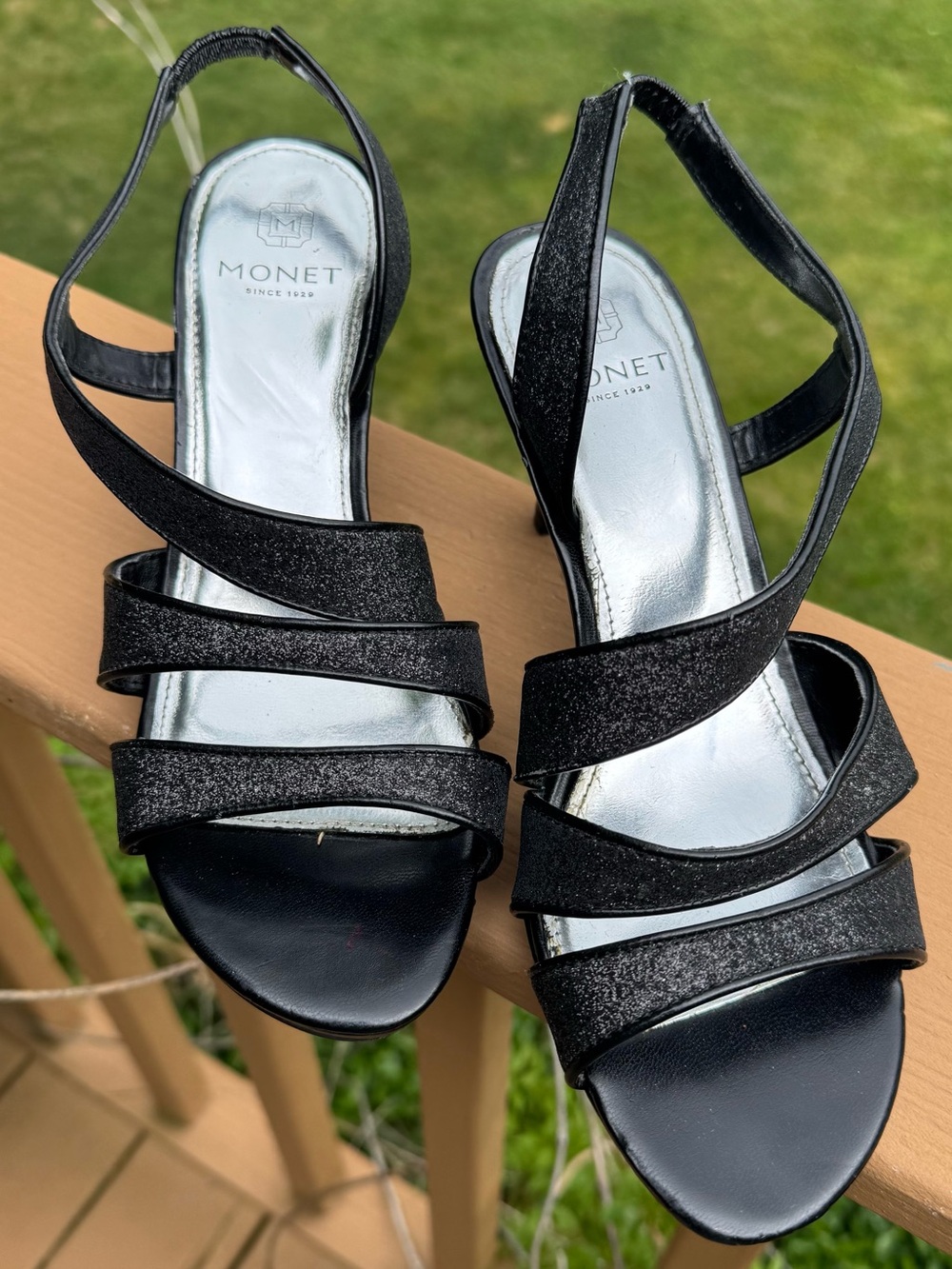 Monet Black Strappy Slingback Heels with Silver Insole